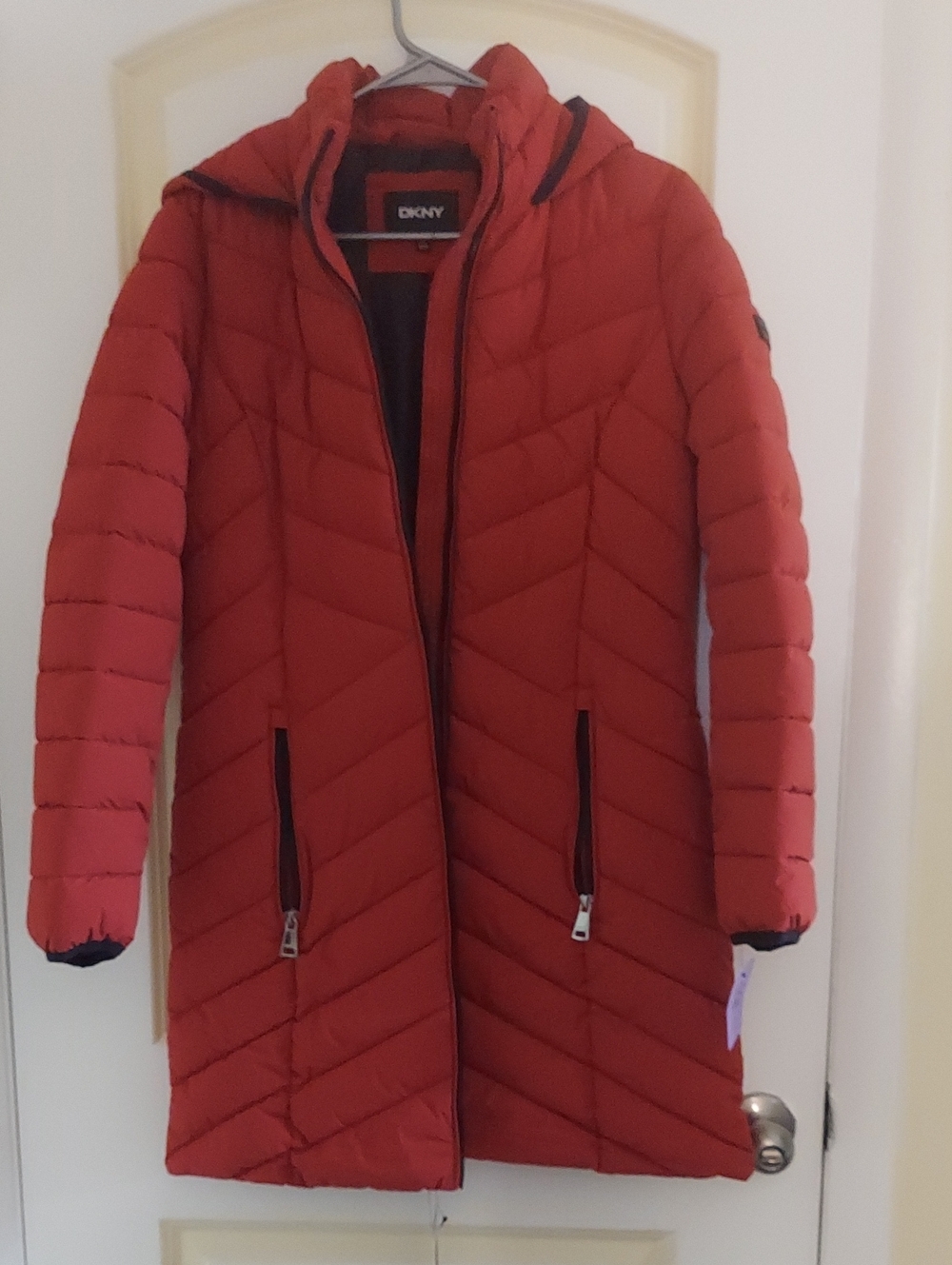 DKNY Red Quilted Long Hooded Puffer Coat